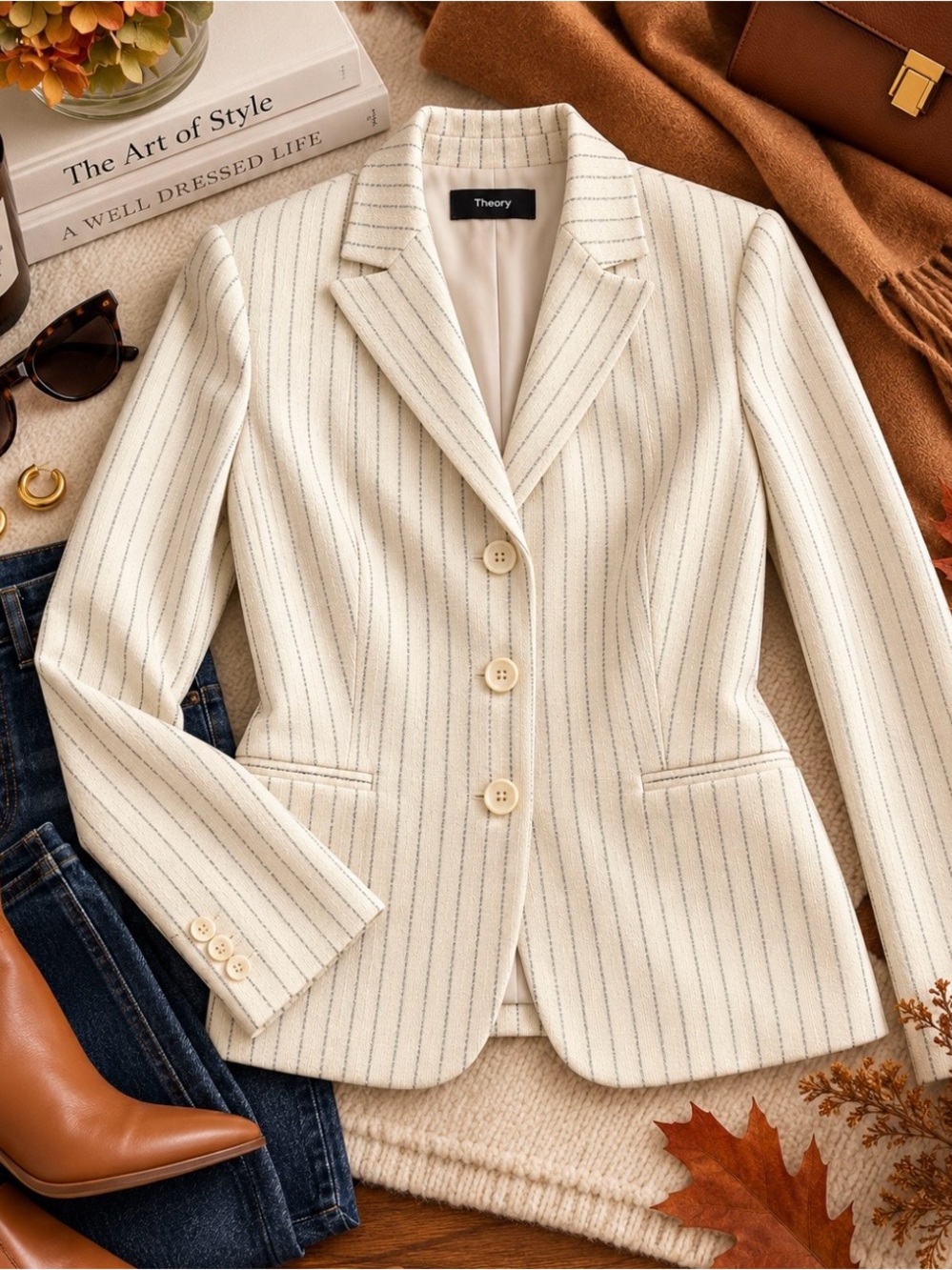 Theory Cream Pinstripe Tailored Blazer Theory Nettie Blazer sz 10